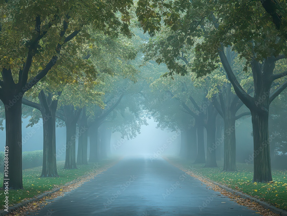 Obraz premium Foggy, misty day with a path of trees in the background