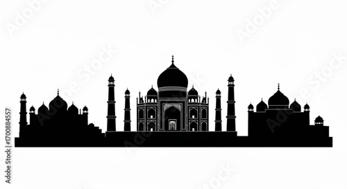 Silhouette of the taj mahal with minarets and domes against a white background showing architecture created with generative ai
