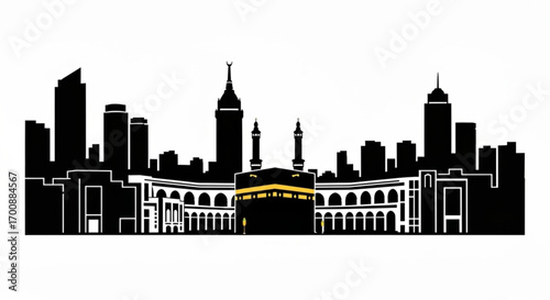 Silhouette of mecca skyline with kaaba and skyscrapers in black and white vector illustration created with generative ai