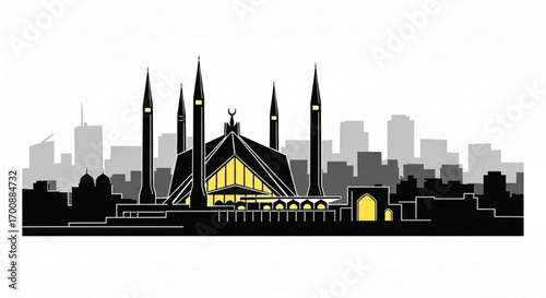 Illustration of the shah faisal mosque in pakistan with a city skyline in the background in black and gray created with generative ai
