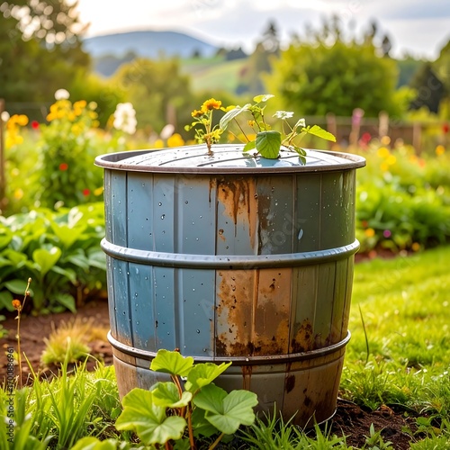 Rusty barrel planter in a garden setting