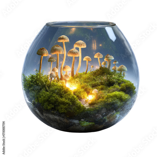 Glass orb terrarium, mushrooms, moss, glowing