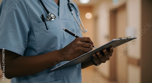 Dedicated African American healthcare professional documenting medical records in a modern hospital environment.