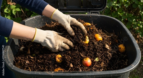 Composting for the future: A gardener's hand actively mixes decomposing organic waste in a backyard compost bin, engaging in an eco-friendly nutrient cycle to grow thriving, green plants