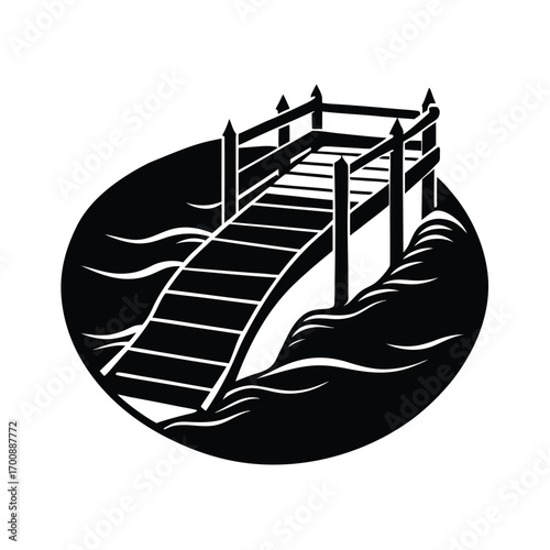 Flowed River with Wooden Bridge on White Background