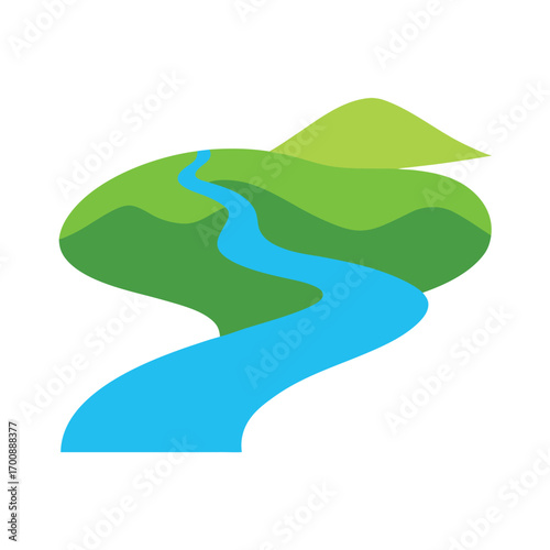 Flowed River Through Grassland on White Background
