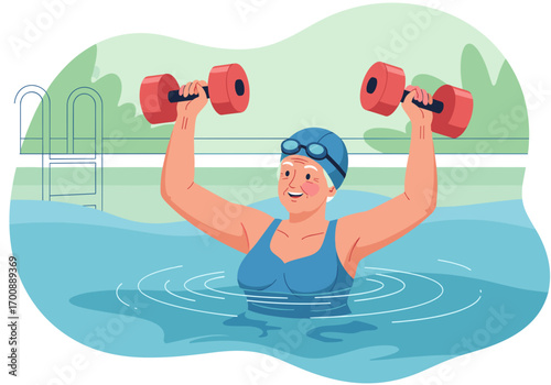an elderly woman doing aqua aerobics, fun, fitness, swimming pool
