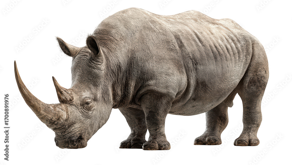 Fototapeta premium Large rhino with horn, isolated on black. Big, strong animal