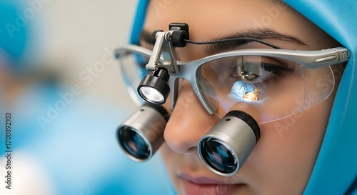 Close-up of a medical professional wearing loupes and surgical loupes with integrated lights, focused on a task.