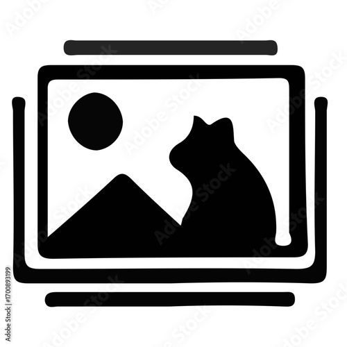 Minimalist vector icon showing a cat's silhouette within a framed picture of a mountain landscape, symbolizing a pet photo gallery or image search