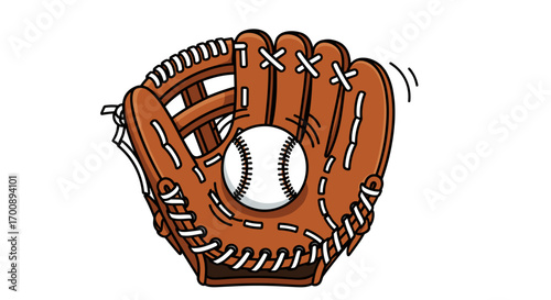 Illustration of a brown baseball glove holding a white baseball with black seams
