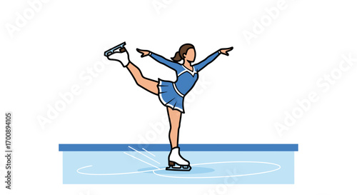 A cartoon figure skater in a blue dress performing a spiral on an ice rink surface