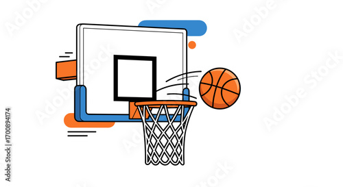 Illustration of a basketball going into the hoop with a backboard behind it