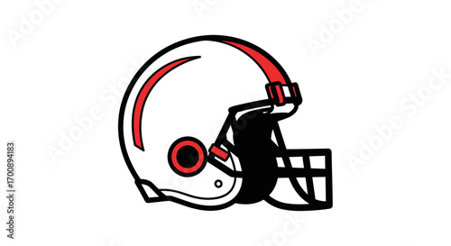 Illustration of a white football helmet with red stripe and black face mask