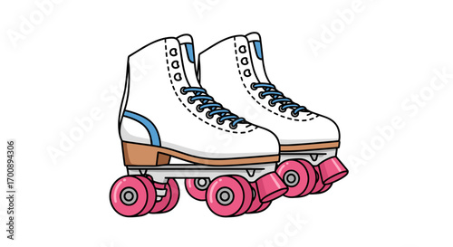Illustration of a pair of white roller skates with pink wheels and blue laces