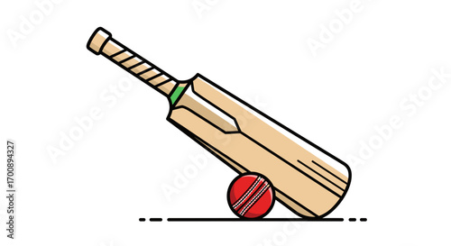 Illustration of a cricket bat resting on a red cricket ball on a white background