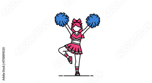 Illustration of a cheerleader in pink uniform with blue pom poms on one leg pose