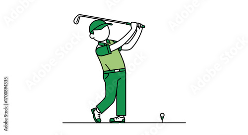 Illustration of a golfer in green attire swinging a club at a golf course tee