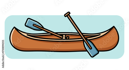 Illustration of a brown canoe with two blue paddles on a light blue background