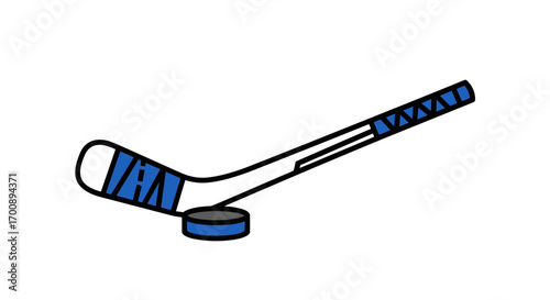 Illustration of a hockey stick with blue tape and a puck on a white background