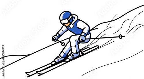 A skier in blue and white outfit skiing downhill with poles on a snowy slope