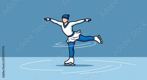 A figure skater in a blue and white outfit is spinning on an ice rink surface