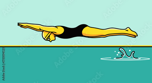 A yellow character in a black swimsuit dives headfirst into a turquoise pool
