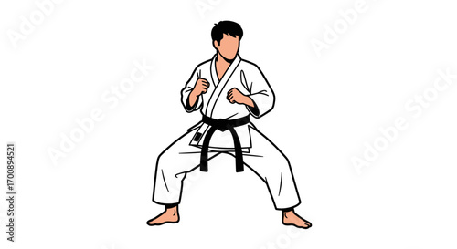 Illustration of a karate practitioner in a fighting stance wearing a black belt