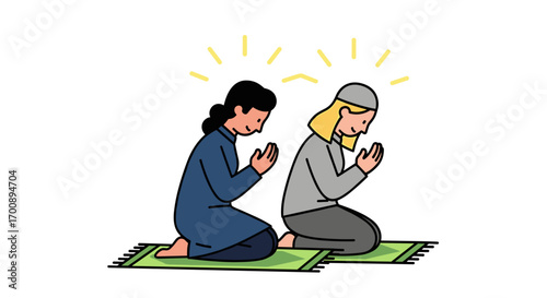 Two people kneeling in prayer on a green mat with light rays above their heads