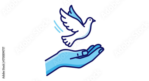 Illustration of a white dove taking flight from a blue hand with blue accents