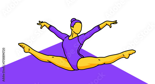 A gymnast in a purple leotard performing a split jump against a purple backdrop