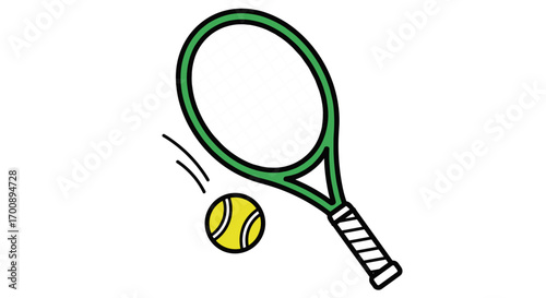 Illustration of a green tennis racket with a yellow ball and motion lines near it