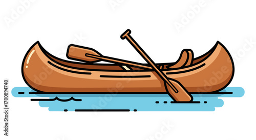 Illustration of a brown canoe with two paddles floating on blue water surface