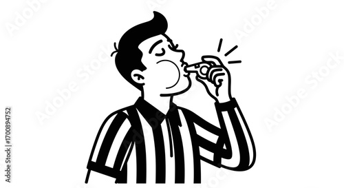 Man in striped shirt blowing a whistle with his eyes closed in black and white