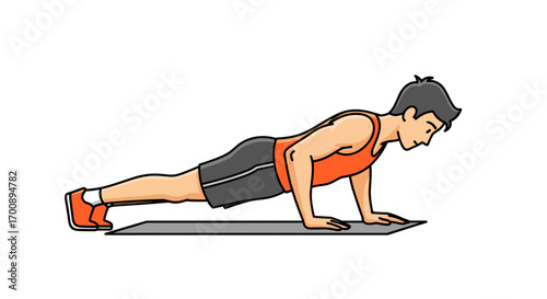 A man doing pushups on a mat wearing an orange tank top and gray shorts outside