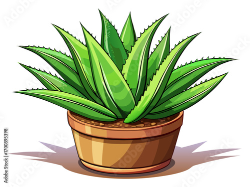 A high-quality vector illustration of an aloe vera plant in a clay pot, isolated on a white background