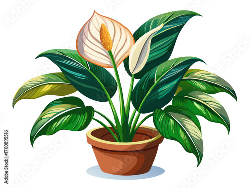 A high-quality vector illustration of a peace lily flower in a ceramic pot, isolated on a white background
