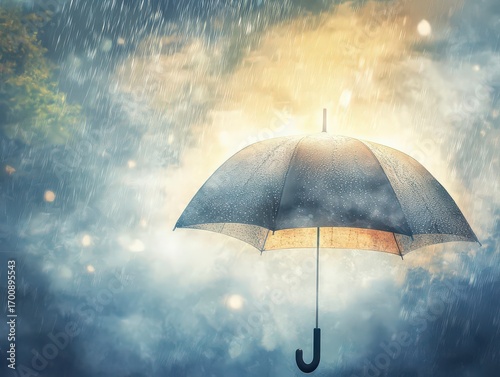 Large umbrella is open in the rain, with a bright yellow handle