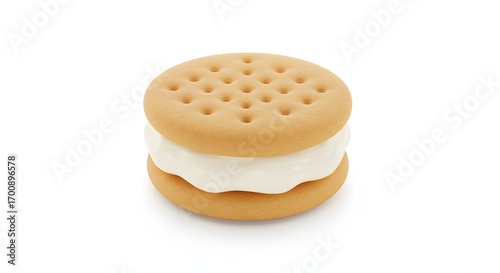 A sweet, round sandwich cookie with a creamy white filling, showcasing a simple yet appealing dessert on a plain white background.