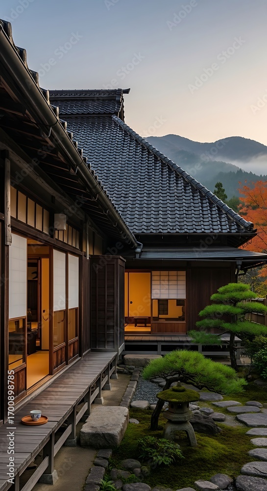 Naklejka premium Japanese architectural vista blending traditional design with serene mountain backdrop in soft light