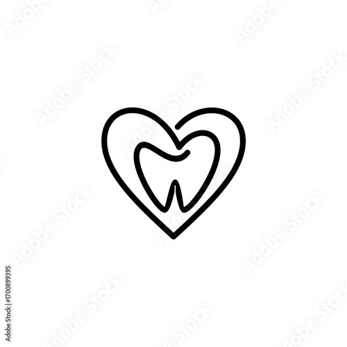 Minimalist dental logo featuring a tooth inside a heart, symbolizing oral health, care, and love in dentistry.