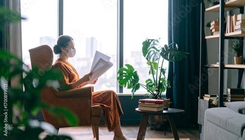 Woman reading documents by a window
