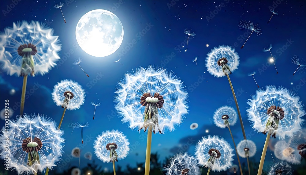 Obraz premium Dandelion clocks glow under the bright moon in a night sky, fluffy seeds drifting