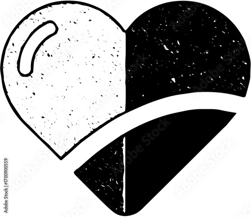 Hand-drawn heart graphic showcasing striking duality with textured light and dark sections, embodying complexities of emotion, love, and intricate connections