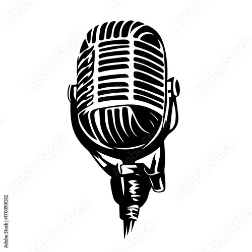 Retro broadcast microphone silhouette with grille, classic vintage audio recording vector illustration icon
