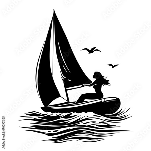 Woman sailing small boat silhouette on windy lake with fluttering sail, adventurous summer leisure vector illustration icon