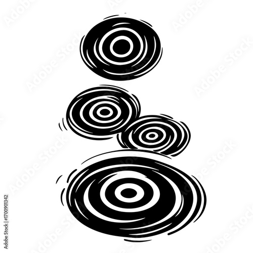 Cluster of concentric ripple circles silhouette, abstract water drop rings vector illustration icon