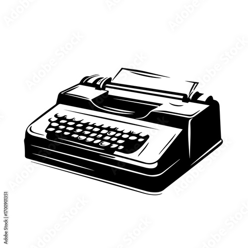 Retro manual typewriter silhouette with paper sheet, classic writing machine vintage office vector icon