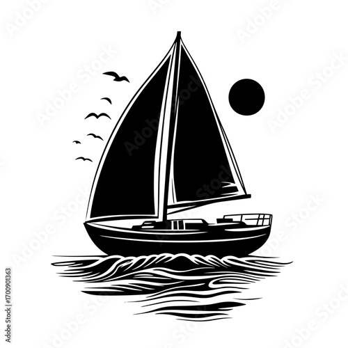 Sailboat silhouette cruising at sunset with soaring birds, adventurous marine leisure vector illustration icon