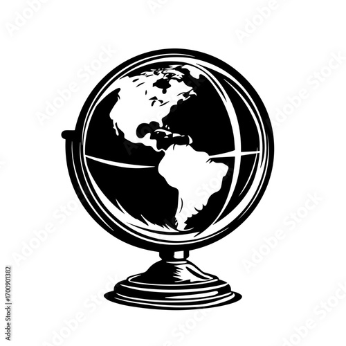 Desk globe silhouette showing Americas, classic educational world map model vector illustration icon